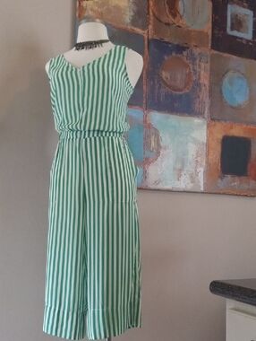 Tiana B. Wide Leg Green and White Vertical Stripe Sleeveless Jumpsuit Romper